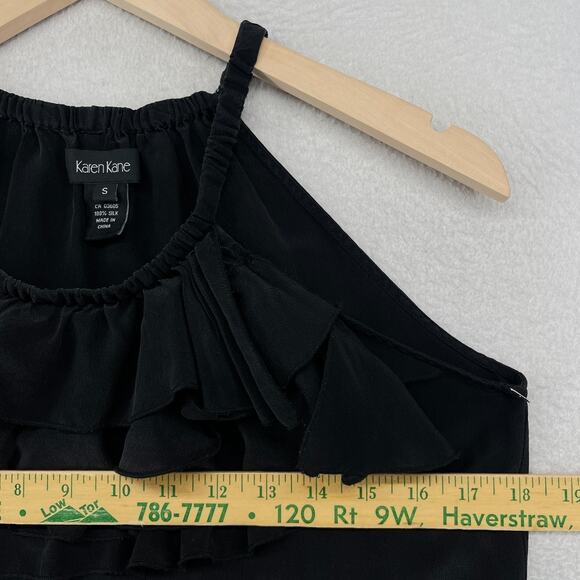 KAREN KANE Tank Top S Silk Crepe de Chine Tiered Ruffle Halter Blouse Black - Picture 10 of 12